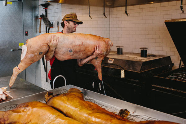 Buxton Hall Barbecue uses the whole hog and only pasture-raised meats. Photo by Andrew Thomas Lee