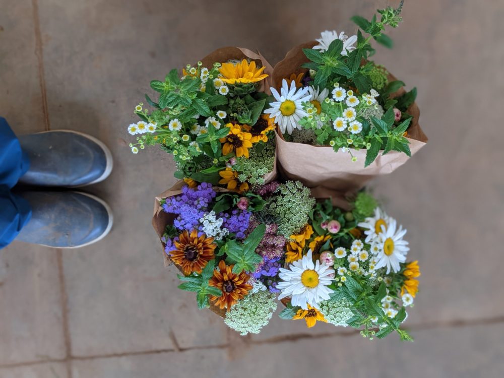 Looking down on mixed flower bouquets from Wild Hope Farm